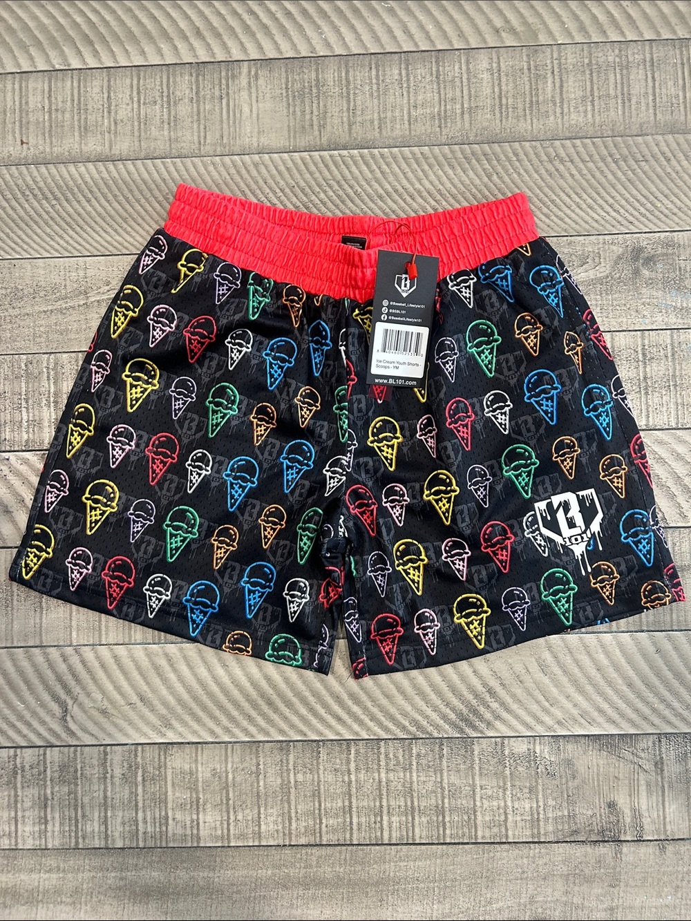 Kids Black Ice Cream Print Casual Shorts with Red Waistband